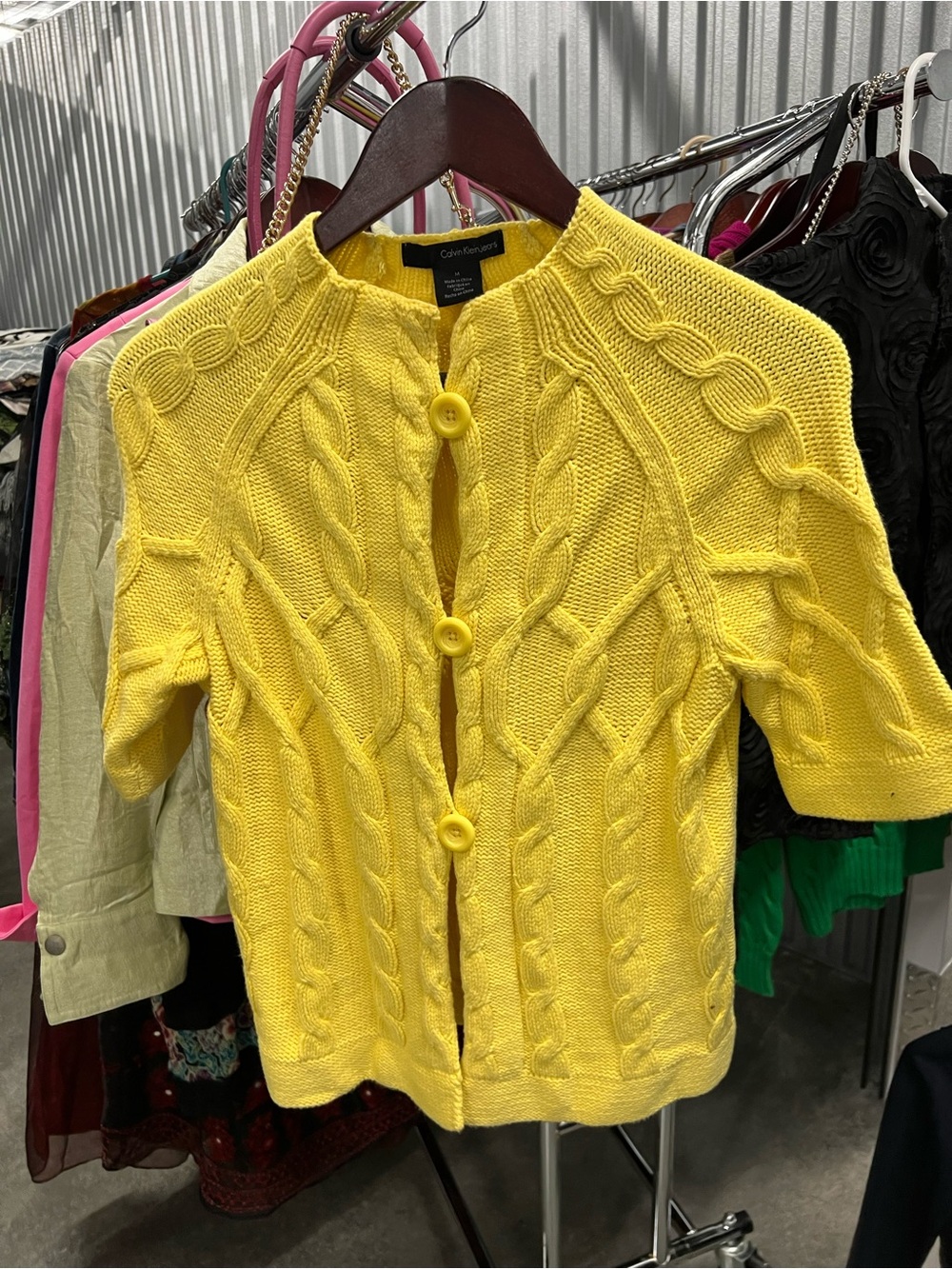 Calvin Klein Bright Yellow Cable-Knit Short-Sleeve Cardigan